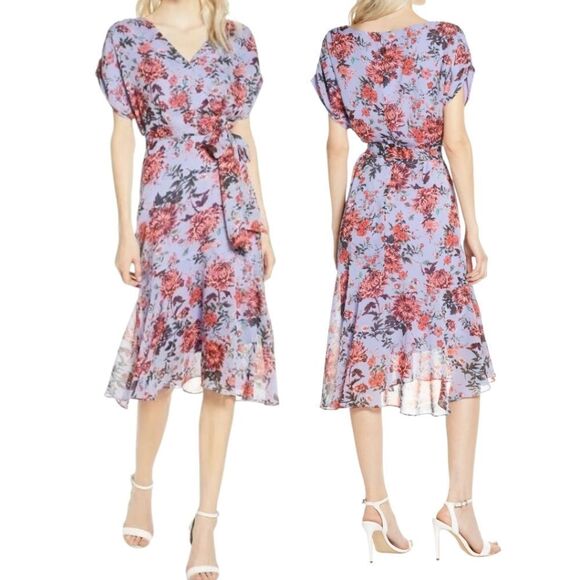 Chelsea 28 Floral Print Boho Chic Faux Wrap V Neck Multi Purple Dress Large NWT - Picture 2 of 16